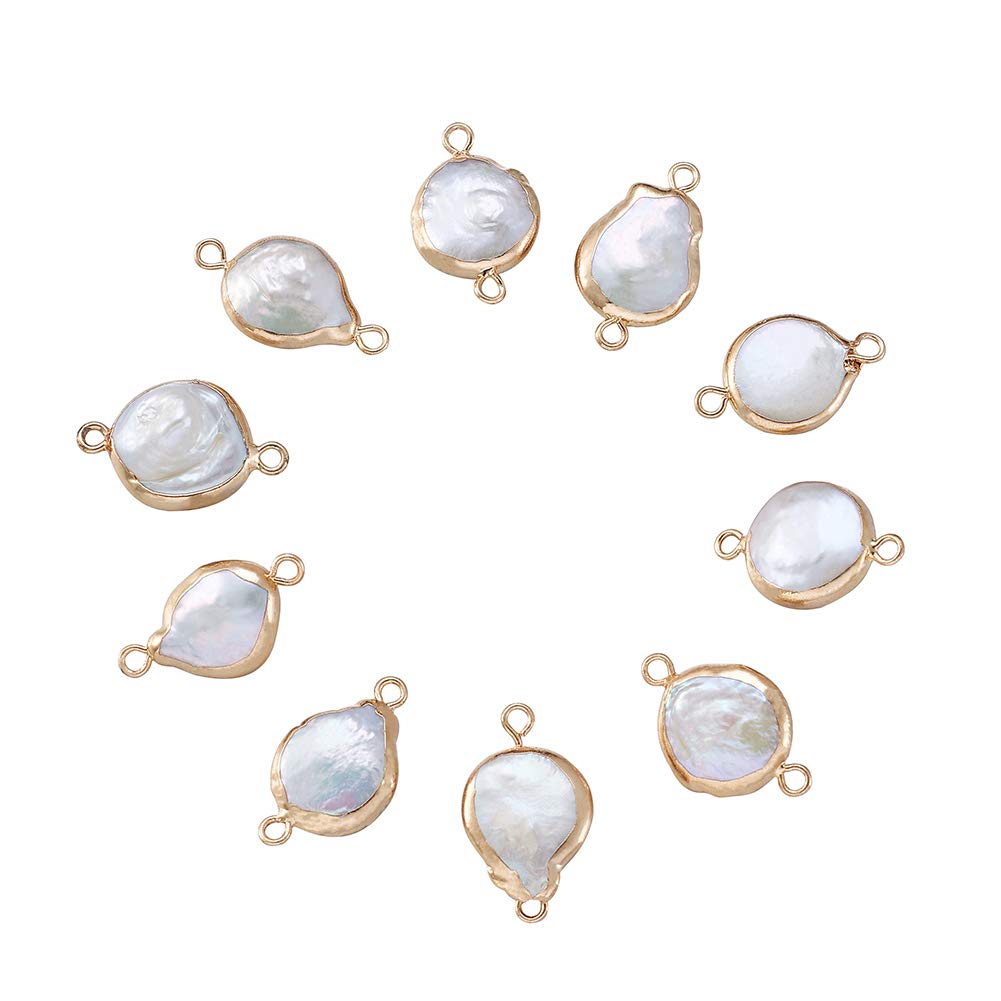 Fashewelry 10Pcs Natural Pearl Pendant Connectors Flat Round Keshi Pearl Charm Links with Gold Edge Wrapped 20x13-15mm for Jewelry Making Hole: 1.5mm