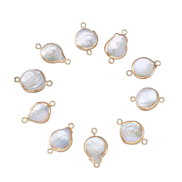 Fashewelry 10Pcs Natural Pearl Pendant Connectors Flat Round Keshi Pearl Charm Links with Gold Edge Wrapped 20x13-15mm for Jewelry Making Hole: 1.5mm