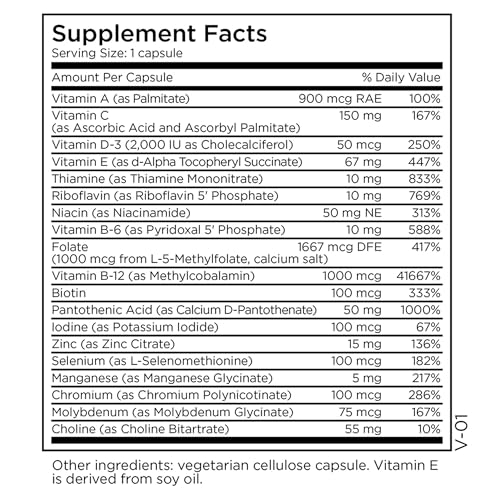 Daily Multivitamin + 1mg L Methylfolate Supplement - 2-in-1 Mens &amp; Womens Multivitamin with 5 MTHF Supplement - Promote Balanced Brain Health, Mood, Immune &amp; Energy Support (30 Capsules)