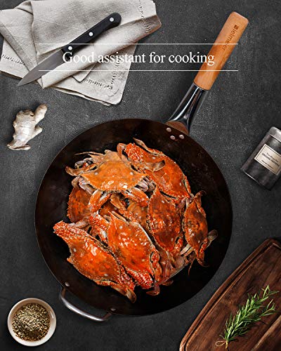 14 Inch Carbon Steel Wok with Wok Ring,Woks and Stir Fry Pans with Sponge, Round Bottom Wok pan for Home and Professional Cooking…