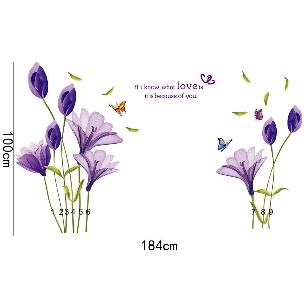 RW-7244 Removable 3D Purple Lily Flowers Wall Decals Floral Butterflies Wall Stickers Peel and Stick DIY Wall Art Decor for Kids Girls Baby Bedroom Nursery Living Room TV Wall Home Decoration
