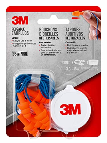 3M Corded Reusable Earplugs, 3 Pack, Noise Reduction Rating (NRR) 25 dB, Easy To Use & Insert, Pliable & Tri-Flange Design Enhances Comfort & Fit, Orange Ear Plugs (90716H3-DC)
