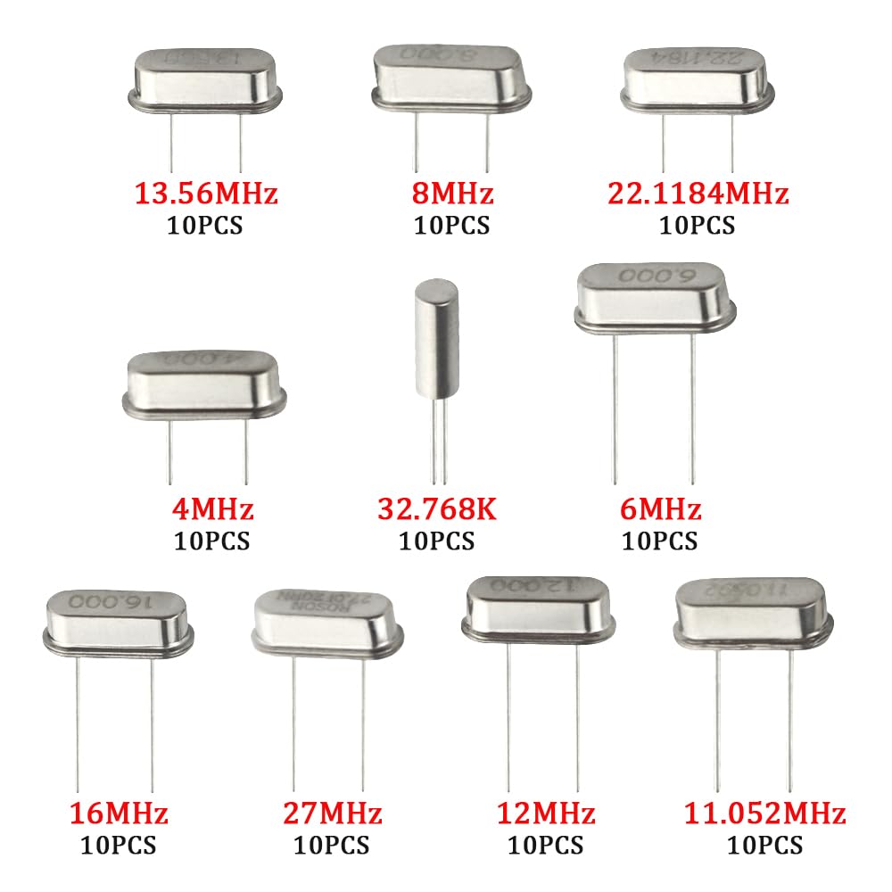 100 Pcs 10 Value DIP Quartz Crystal Oscillator 4M 6M 8M 11.052M 12M 13.56M 16M 22.1184M 27M 32.768K Crystal Resonators Oscillator Assortment Kit Each of 10Pcs
