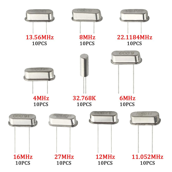 100 Pcs 10 Value DIP Quartz Crystal Oscillator 4M 6M 8M 11.052M 12M 13.56M 16M 22.1184M 27M 32.768K Crystal Resonators Oscillator Assortment Kit Each of 10Pcs