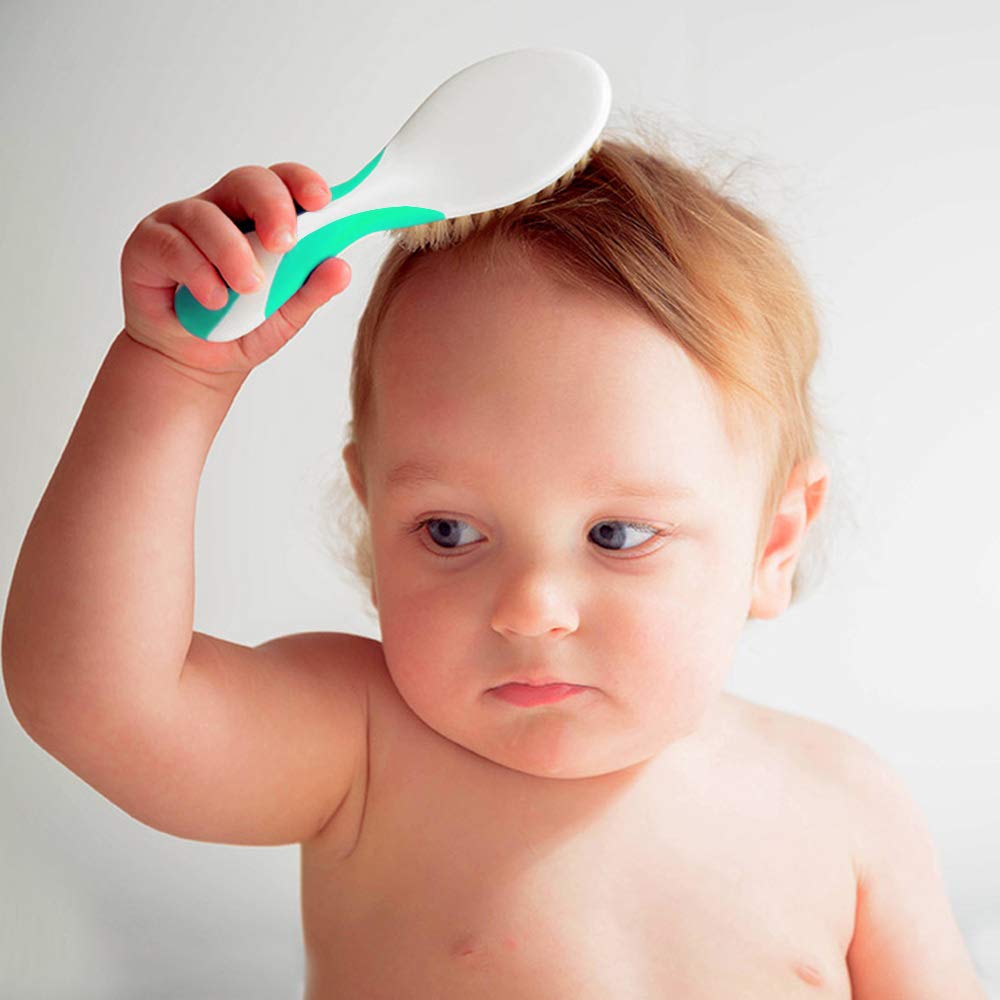 Baby Hair Brush for Newborns & Toddlers | Natural Soft Goat Bristles | Ideal for Cradle Cap | Perfect Baby Registry Gift (Green)