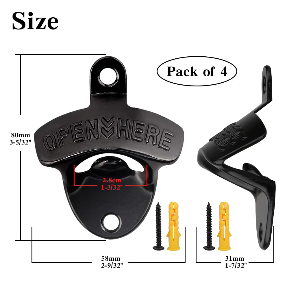 4 Pcs Bottle Opener Wall Mounted, Antique Metal Beer Bottle Top Openers Hardware With Mount Screws Set, Outdoor, Rustic, Cabinet, Vintage Bar (Black)