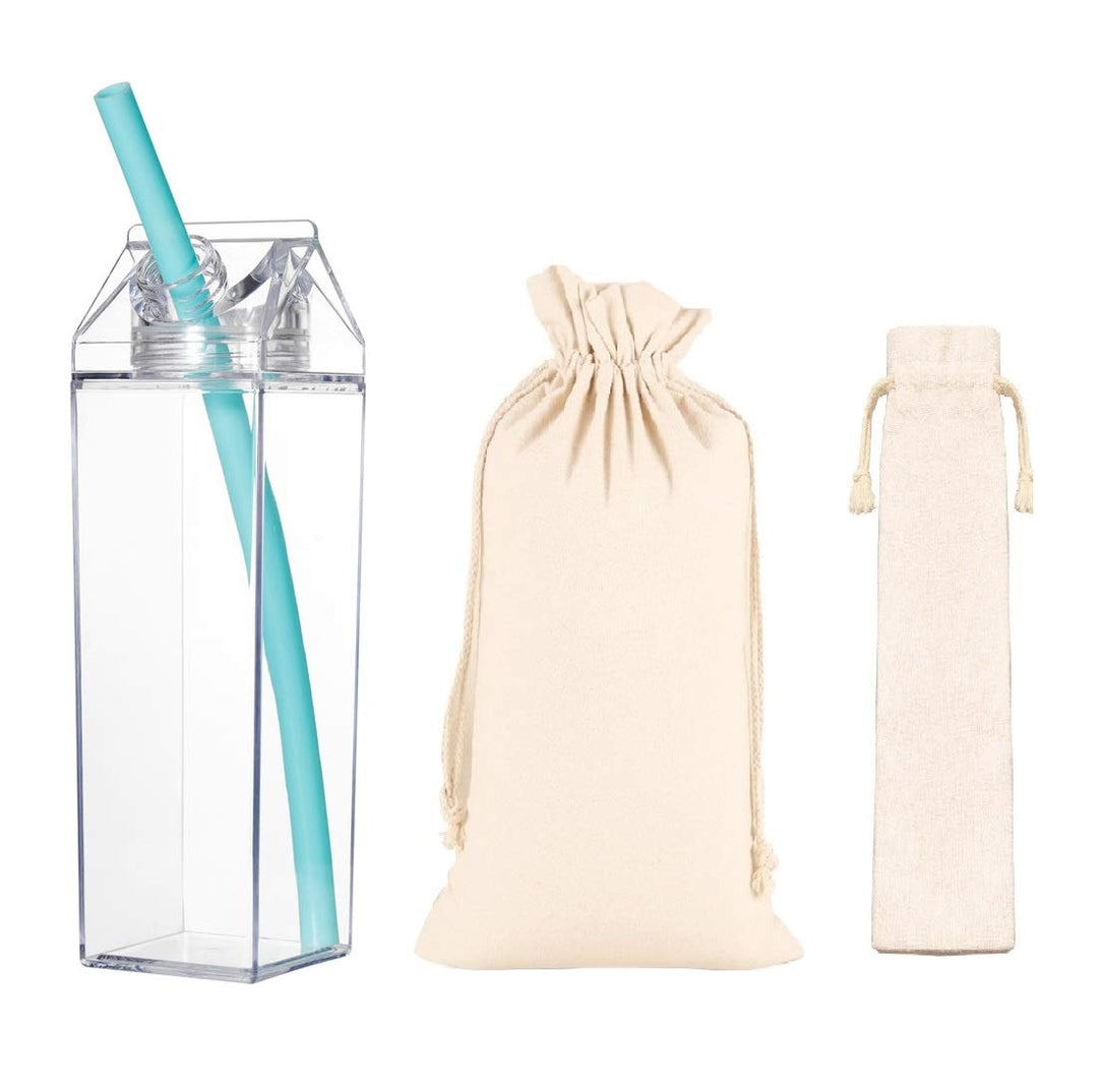 Clear Milk Carton Water Bottle Creative Square Transparent Cup + Straw + Storage Bag (17 oz-)
