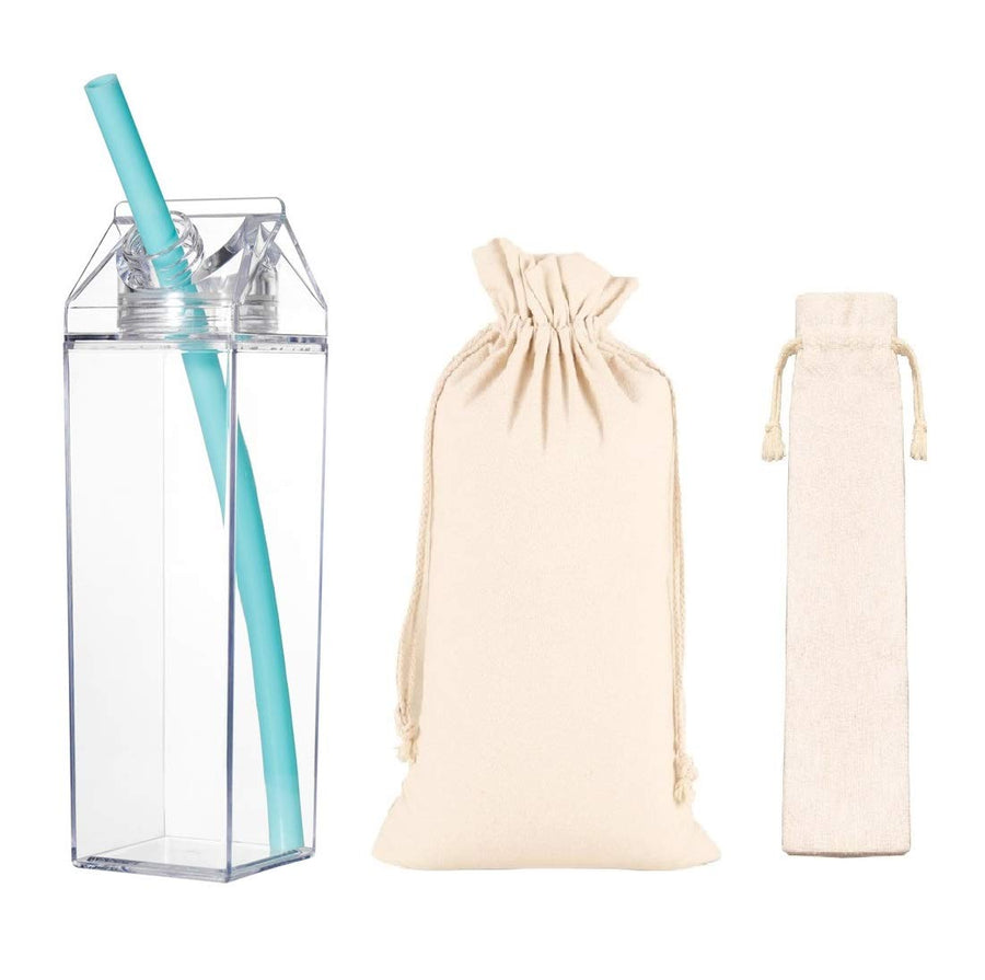 Clear Milk Carton Water Bottle Creative Square Transparent Cup + Straw + Storage Bag (17 oz-)