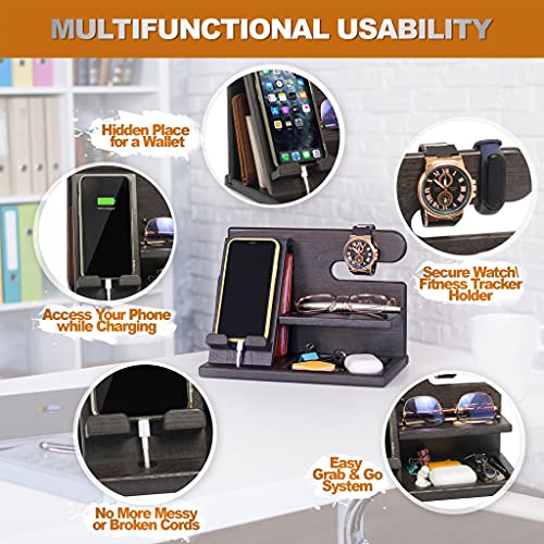 Wood Phone Docking Station - Nightstand Organizer - Desk Organizer for Husband - Birthday Gifts for Men or Dad - Idea for Anniversary from Wife - Key Holder - Stand for Wallet &amp; Watch (Black)