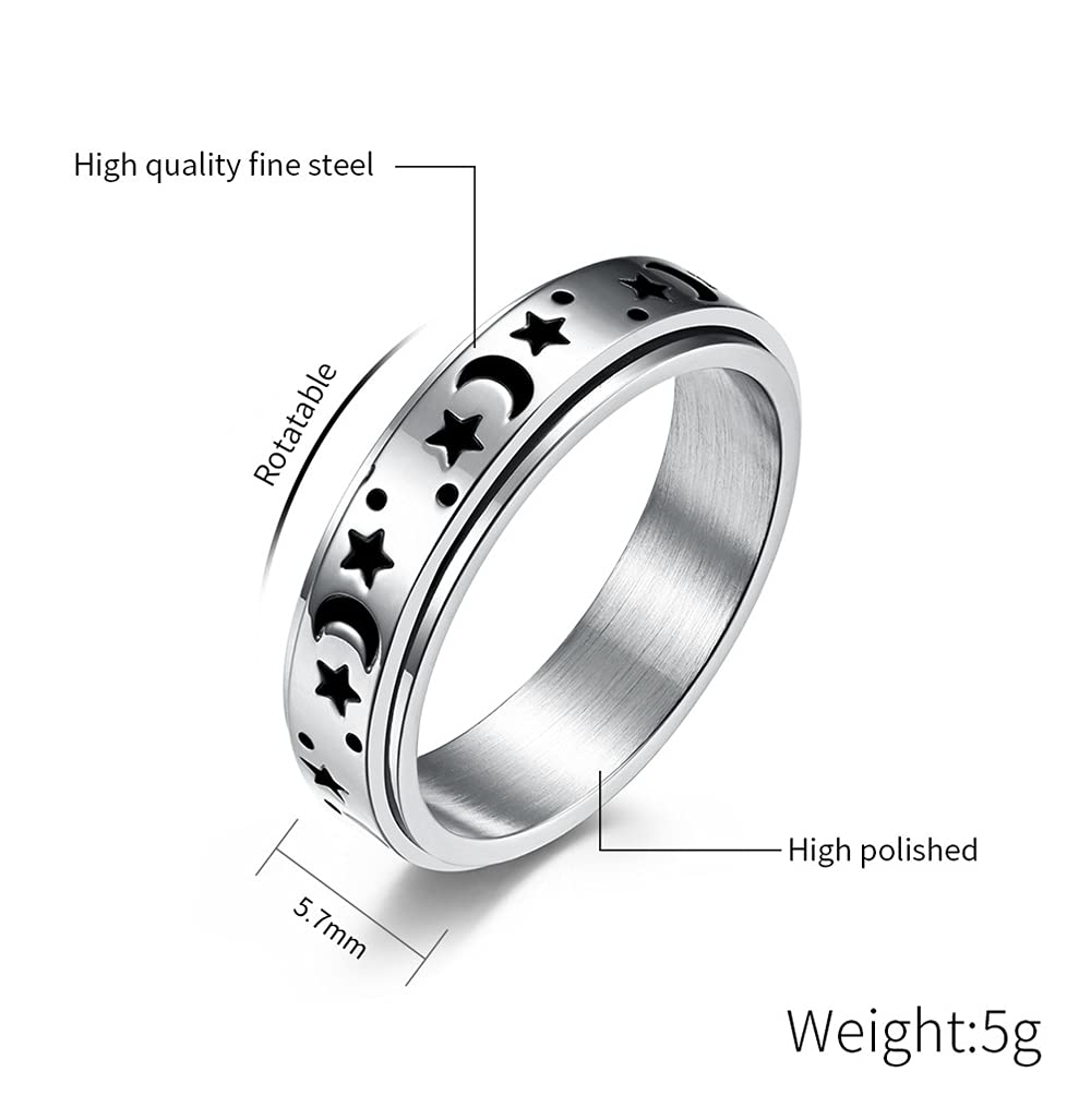 Black Moon Star Rotatable Titanium Stainless Steel Fidget Band Rings for Women Men Dainty Anti Anxiety Stress Relief Spinner Rings Minimalist Statement Promise Couple Rings for Boyfriend Girlfriend Son Daughter Christmas New Year Gifts (6mm Silver, 8)