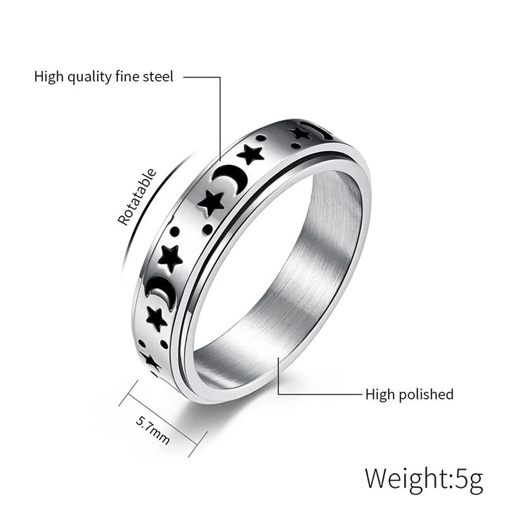 Black Moon Star Rotatable Titanium Stainless Steel Fidget Band Rings for Women Men Dainty Anti Anxiety Stress Relief Spinner Rings Minimalist Statement Promise Couple Rings for Boyfriend Girlfriend Son Daughter Christmas New Year Gifts (6mm Silver, 8)