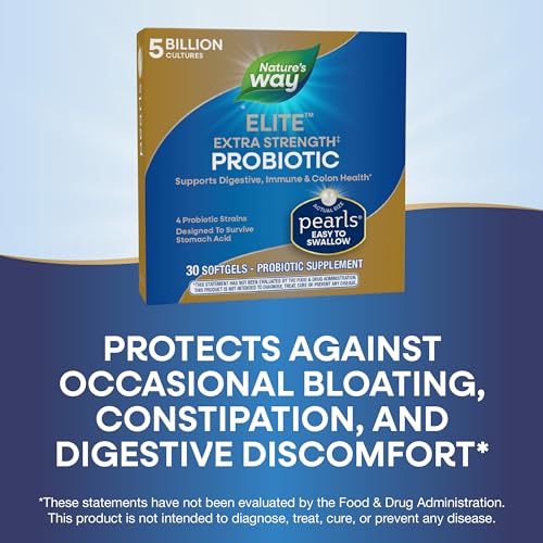 Nature&#39;s Way Elite Extra Strength Probiotic Pearls for Men and Women, Supports Digestive, Immune, Colon Health*, 5 Billion Live Cultures, No Refrigeration Required, 30 Softgels (Packaging May Vary)