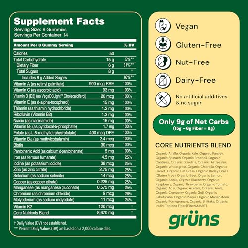 Gruns Adult Super Greens Gummies - Superfood Gummy Bears with Spirulina, Chlorella &amp; Prebiotics for Digestive Health - Adaptogens Supplement with 20 Vitamins &amp; Minerals, Low Sugar- 2-Week Supply