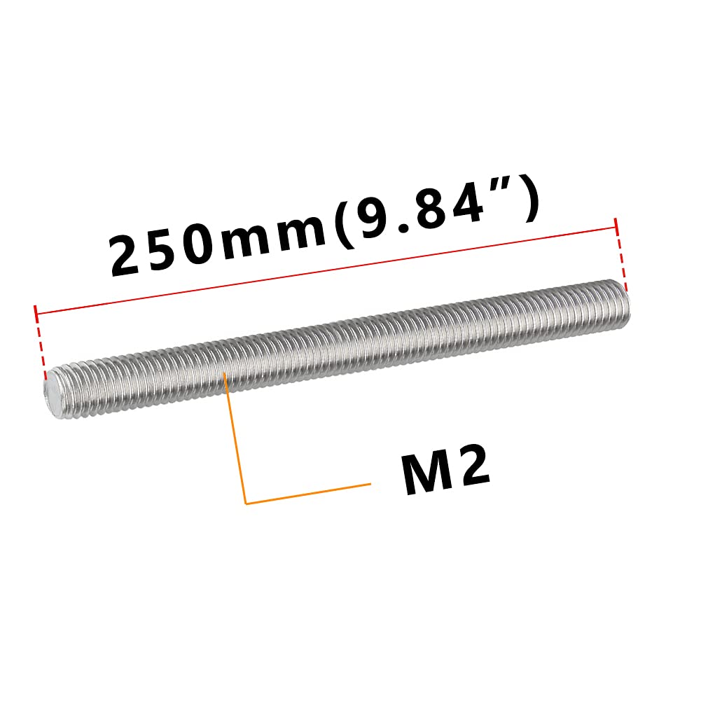304 Stainless Steel M2-0.4 Fully All Threaded Rod, Long Threaded Screw, Right Hand Threads, 250mm LengthPack of 2