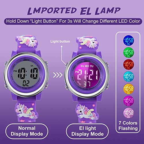 Girls Digital Watch Age 3-12 for Gifts, 3D Cartoon Waterproof Sports Outdoor LED Electrical Watches with Luminous Alarm Stopwatch Toddler Wristwatch for 3-12 Year Old Little Child Purple Unicorn