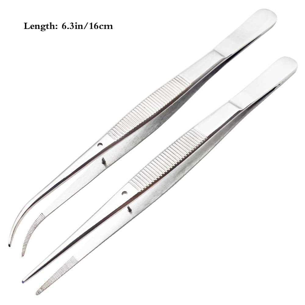 Stainless Steel Tweezer with Precision Serrated Tips and Positioning Straight and Curved Tweezers for Cooking Repairing Surgical Medical Beauty - 6.3 Inch 2PCS