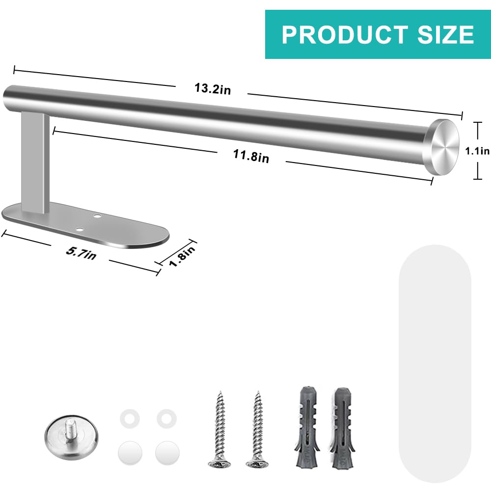 Paper Towel Holder Wall Mount, Self Adhesive Or Drilling Under Cabinet Kitchen, 13.2 inch Stainless Steel Paper Towel Roll Rack, Towel Roll Hanger for Bathroom(Silver, Rectangle)