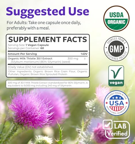 USDA Organic Milk Thistle Capsules - 80% Silymarin Supp