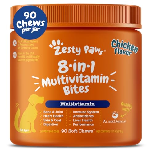 Zesty Paws Multivitamin Treats for Dogs - Glucosamine Chondroitin for Joint Support + Digestive Enzymes & Probiotics - Grain Free Dog Vitamin for Skin & Coat + Immune Health - Chicken Flavor - 90ct