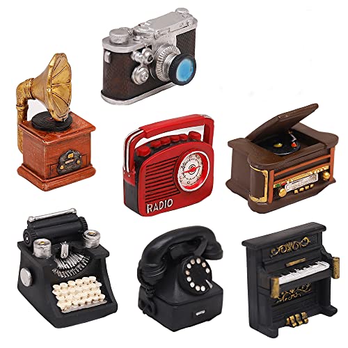 Set of 7 Creative Retro European Resin Figurine for Home Cafe Bar Window Decoration Children Toys and Gift (Incluing Telephones Typewriter Camera Piano Phonograph Radio and Sound player)