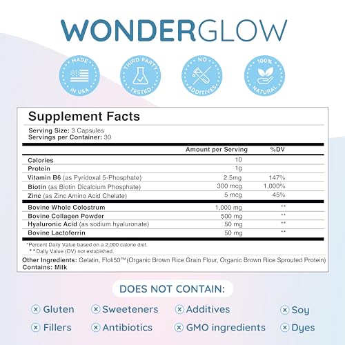 Hair Skin and Nails Vitamins w/Bovine Colostrum, Collagen, Hyaluronic Acid, Biotin, Zinc, & LactoferrinSupports Faster Hair Growth, Stronger Nails and Glowing Skin (30 Servings, Capsule)