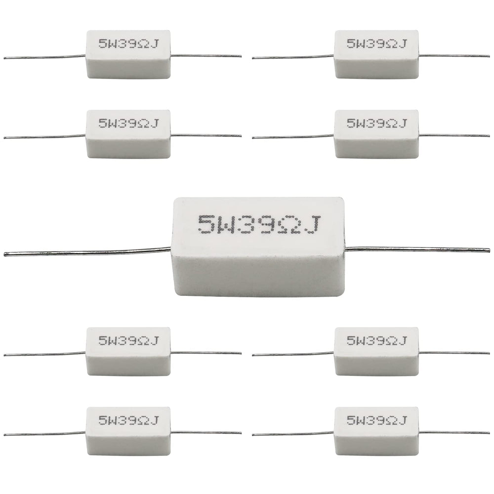 Cement Resistor,10 PCS 5W 39 Ohm 5% Axial Lead Wire Resistor White Wound Fixed Ceramic Cement Resistors Wirewound Cement Power Resistors Flame Heat Moisture Resistance Precharge Horizontal Resistors