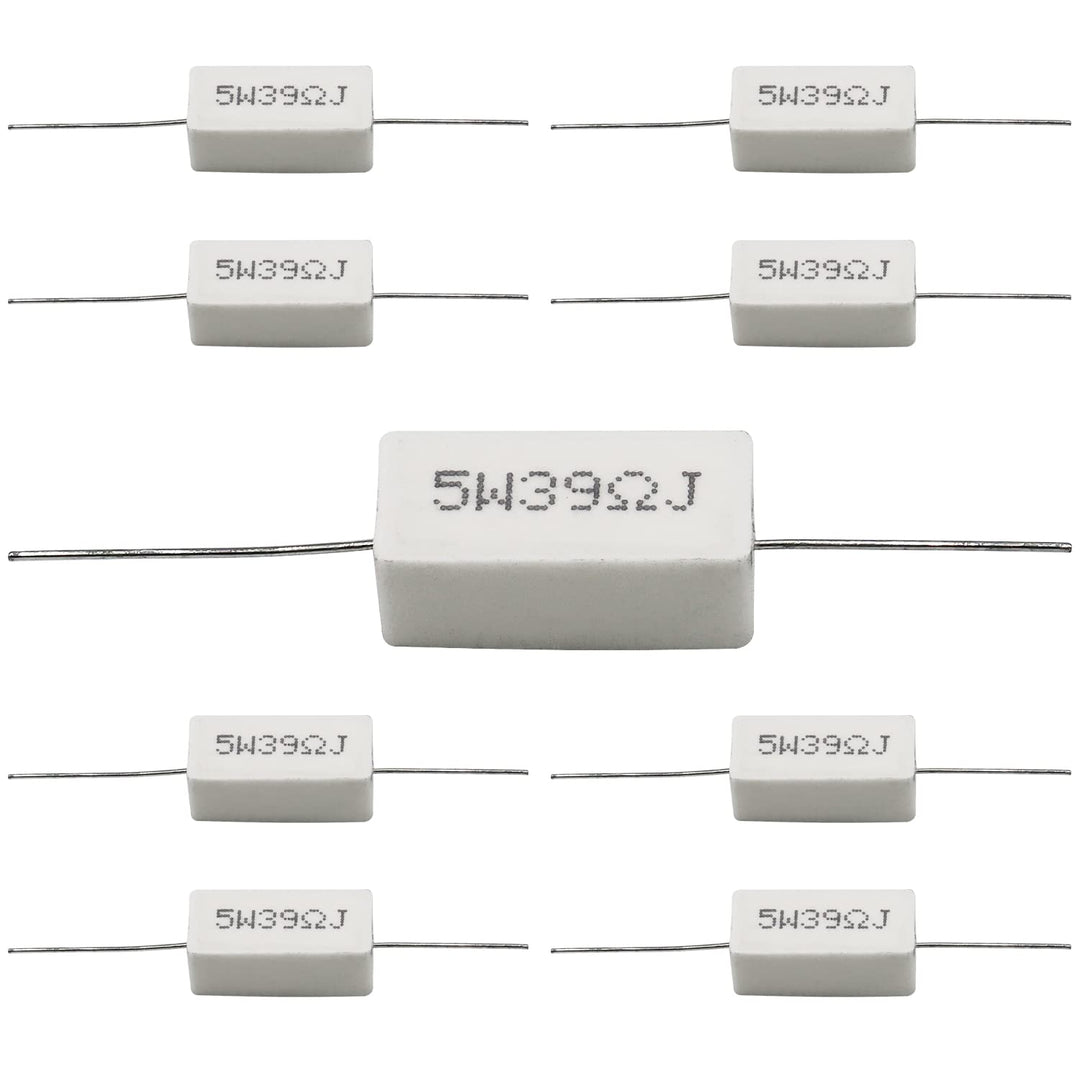 Cement Resistor,10 PCS 5W 39 Ohm 5% Axial Lead Wire Resistor White Wound Fixed Ceramic Cement Resistors Wirewound Cement Power Resistors Flame Heat Moisture Resistance Precharge Horizontal Resistors