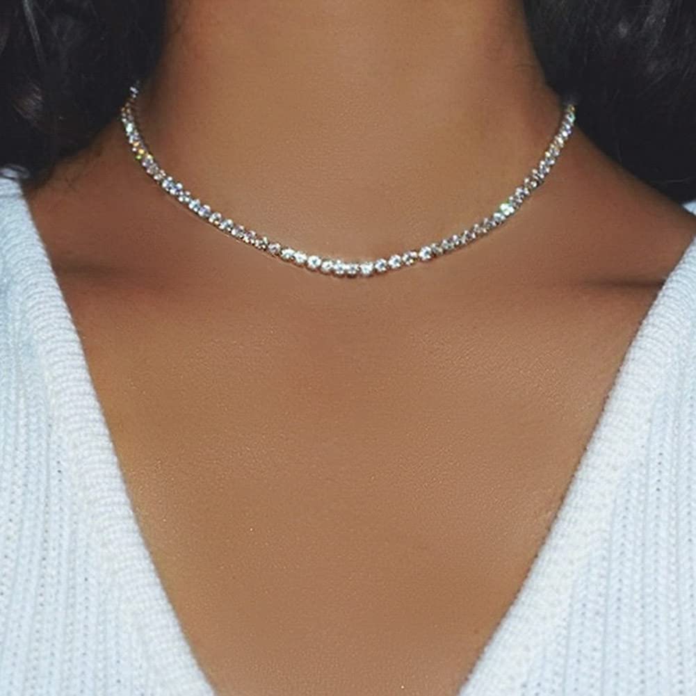 Rhinestone Choker Necklaces Silver Plated 1 Layer Necklace Chain Jewelry for Women