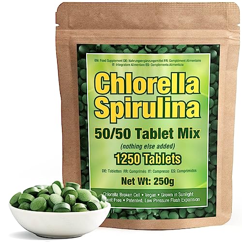 Premium Spirulina and Chlorella Capsules 1,250 Tablets, Non-GMO, Vegan Organic Chlorella Tablets, Sunlight Grown, Cracked Cell Wall, High Protein, Heavy Metal Detox