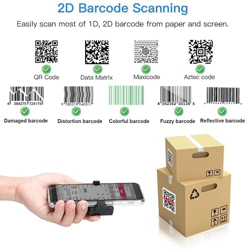 2D QR Bluetooth Barcode Scanner, Mini Wireless Back Clip-on Phone Bar Code Scanner for 1D QR PDF417 Data Matrix Code Reader, Work with iPhone, Android, iOS for Warehouse Library Book Inventory