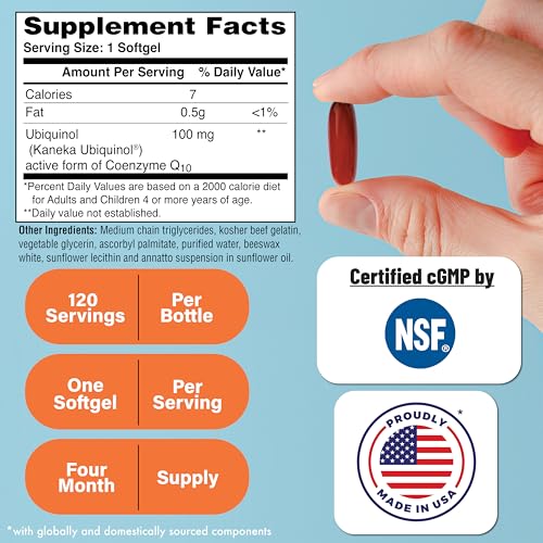 Ubiquinol 100mg 120 Softgels as Kaneka QH Reduced CoQ-10 | Stabilized - 3rd Party Tested | Enhanced Bioavailability | Cardiovascular &amp; Mitochondria Function Support | Non-GMO