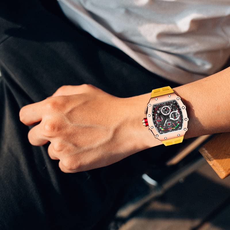 Mens Luxury Tonneau Square Watches Analog Punk Chronograph Unique Sports Wrist Watch Japanese Movement Luminous Design with Rubber Band (Rosegold Yellow)