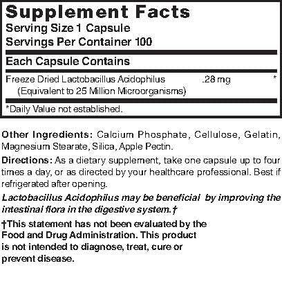 Freeze Dried Lactobacillus Acidophilus 100 Caps