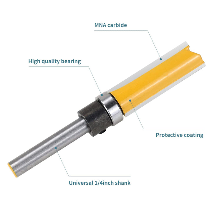 Flush Trim Router Bits Set 1/4 Inch Shank Shank Top Bearing Pattern Router Bit 1/2 Cutting Diameter Carbide Bits for Trim Shelf Edging, Veneer or Laminates