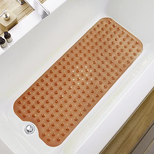 Bathtub Mats for Shower Tub Extra Long Non-Slip Bath Mat, 39 x 16 Inch Shower Mat with Drain Holes and Suction Cups, Bath Tub Mat for Bathroom with Machine Washable (Clear Brown)