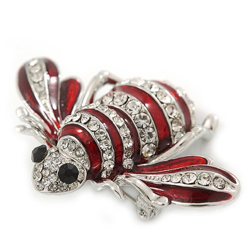 Cute Clear Crystal Burgundy Enamel &#39;Bee&#39; Brooch in Rhodium Plating - 5cm Width