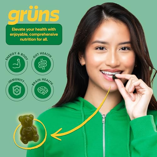 Gruns Adult Super Greens Gummies - Superfood Gummy Bears with Spirulina, Chlorella &amp; Prebiotics for Digestive Health - Adaptogens Supplement with 20 Vitamins &amp; Minerals, Low Sugar- 2-Week Supply