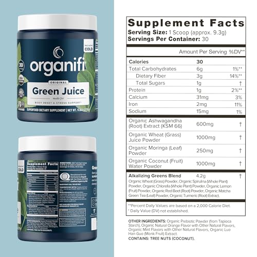 Green Juice - Powder Supplement with Organic Spirulina, Ashwagandha, and Chlorella - Helps Achieve Fitness Goals and Reduce Cortisol Levels, 30-Day Supply