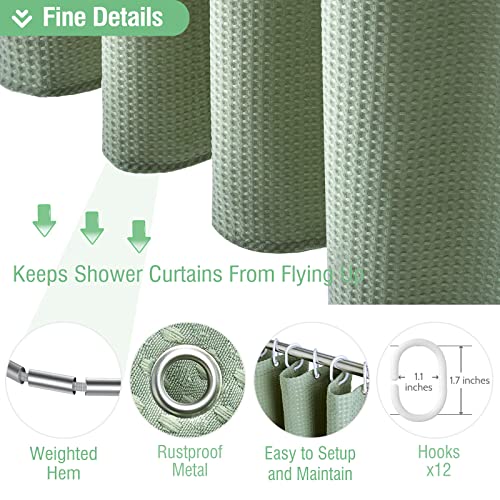Dynamene Sage Green Shower Curtain - Waffle Textured Heavy Duty Thick Fabric Shower Curtains for Bathroom, 256GSM Luxury Weighted Polyester Cloth Bath Curtain Set with 12 Plastic Hooks,72Wx72H,Green