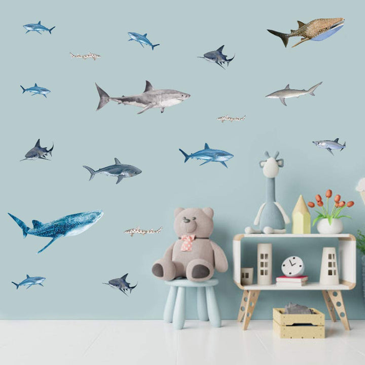 Ocean Animal Shark Wall Decal, Under The Sea Marine Life Theme Sticker for Kids Room Bathroom Nursery Undersea Fishes Wall Art Decor (35Pcs)