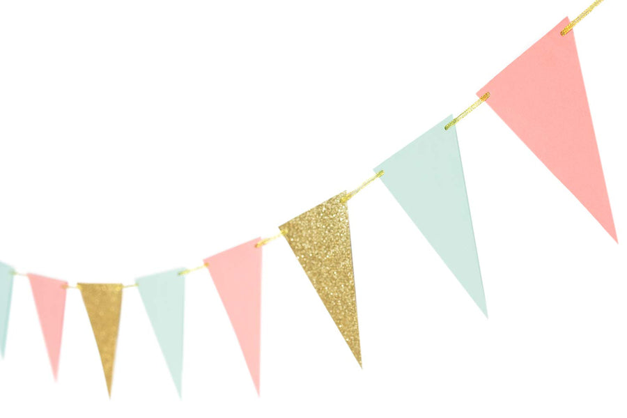 10 Feet Mint Coral New Years Banner Decoration New Year Eve Supplies Paper Banner Garland Glitter Gold Pennant Banner for Baby Shower Birthday Party Nursery Decoration 15 Pieces (Gold Coral Mint)