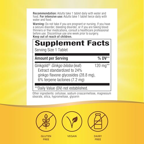 Nature&#39;s Way Ginkgold Max Advanced Ginkgo Extract, Supports Memory, Focus, and Concentration, and Cognitive Function*, Gluten free, Vegan, 60 Vegan Tablets (Packaging May Vary)