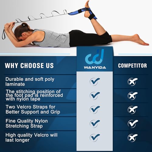 Foot and Calf Stretcher for Plantar Fasciitis, Achilles Tendonitis, Heel Spurs, Drop Foot. Yoga Stretching Strap for Leg, Thigh and Hamstring (Blue)