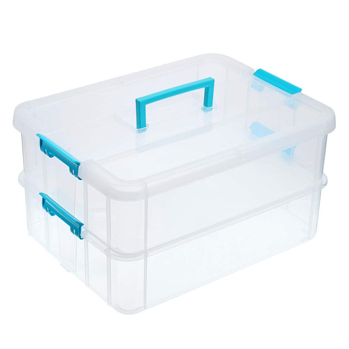 2-Tiers Stack Carry Storage Box With Handle, Transparent Stackable Storage Bin With Handle Lid Latching Storage Container for School &amp; Office Supplies (Blue)
