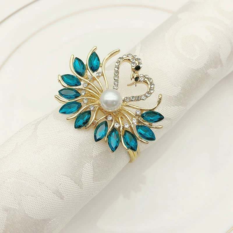 Gold Napkin Ring Teal Peacock Buckles Rhinestone Napkin