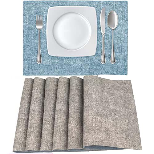 Leather Heat Resistant Placemats for Dining Table, Table mats Set of 6, PU Kitchen Place Mats, Soft and Non-Slip (Light Blue + Gray Green)