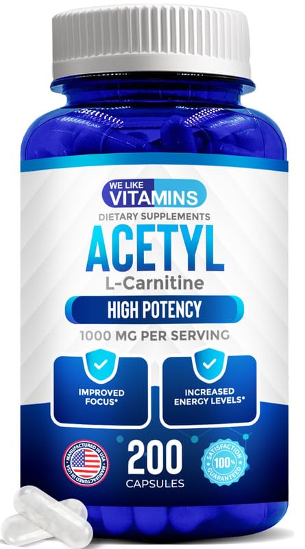 Acetyl L-Carnitine 1000mg Capsules - 200 Easy to Swallow Veggie Capsules - Acetyl l Carnitine Supplement Helps Support Focus, Brain Function, and Energy
