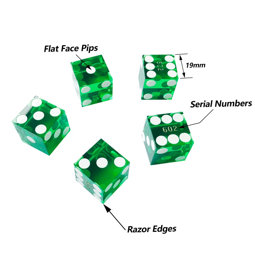 Set of 5 Grade AAA Precision 19mm Serialized Casino dice with Razor Edges and Corners - Green …