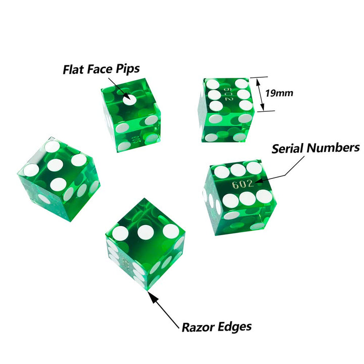 Set of 5 Grade AAA Precision 19mm Serialized Casino dice with Razor Edges and Corners - Green …