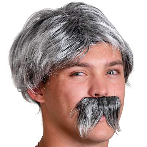 Grey Wig and Mustache - Salt and Pepper Hair Old Person Grandpa Wigs and Mustache Old Man Costume Accessories Set for Boys and Girls